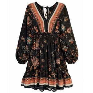 Lovestitch Boho Mini Dress M Black Floral Long Sleeve Peasant Festival